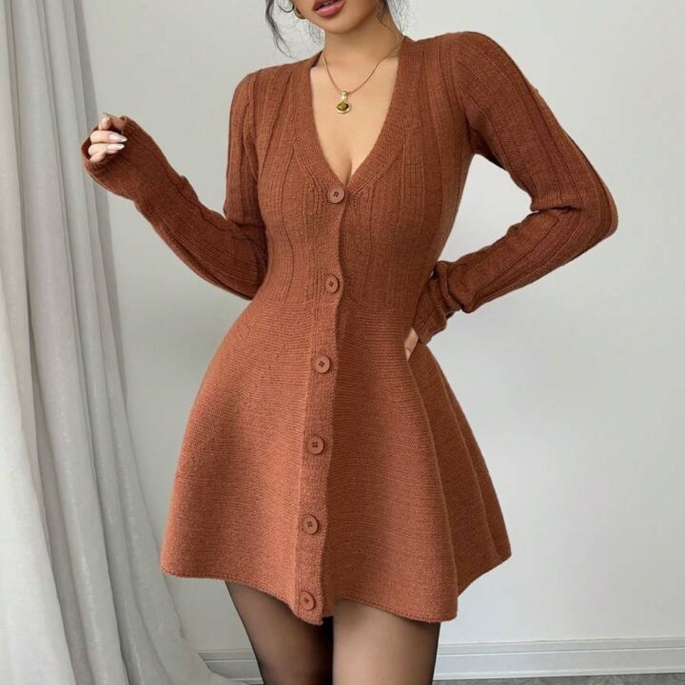 Chic Long Sleeve Knit Dress in Warm Brown
